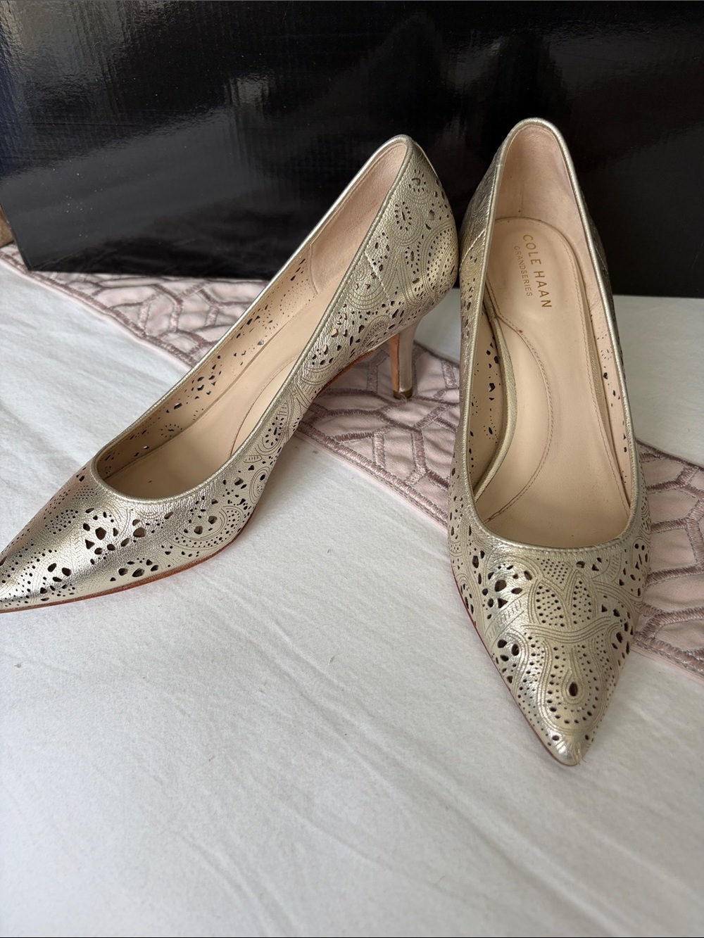 Cole Haan Gold Laser-Cut Pointed-Toe Pumps